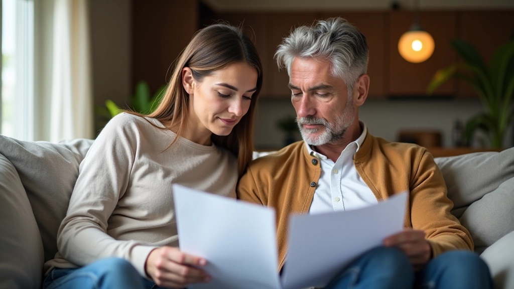 Manželský pár sedící na gauči a diskutující o finančních dokumentech a pojistce
