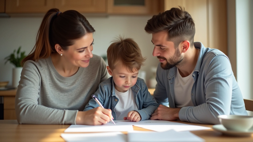 Rodina sedí u stolu a diskutuje o finančním plánu se symbolem chránění