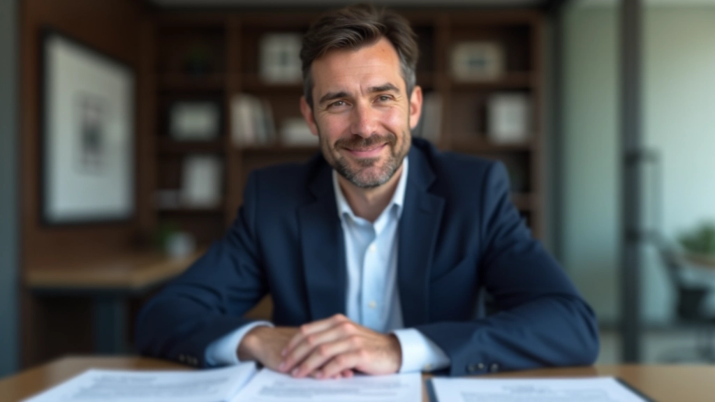 Muž v obleku sedí u stolu s dokumenty o pojištění, tužka a kalkulačka
