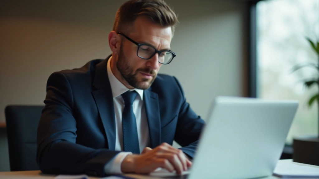 Profesionální fotografie realistického muže aged 45, fully clothed v obleku, sedící v kanceláři, přemýšlí se okem na notebook, měkké osvětlení, rozostřené pozadí kanceláře