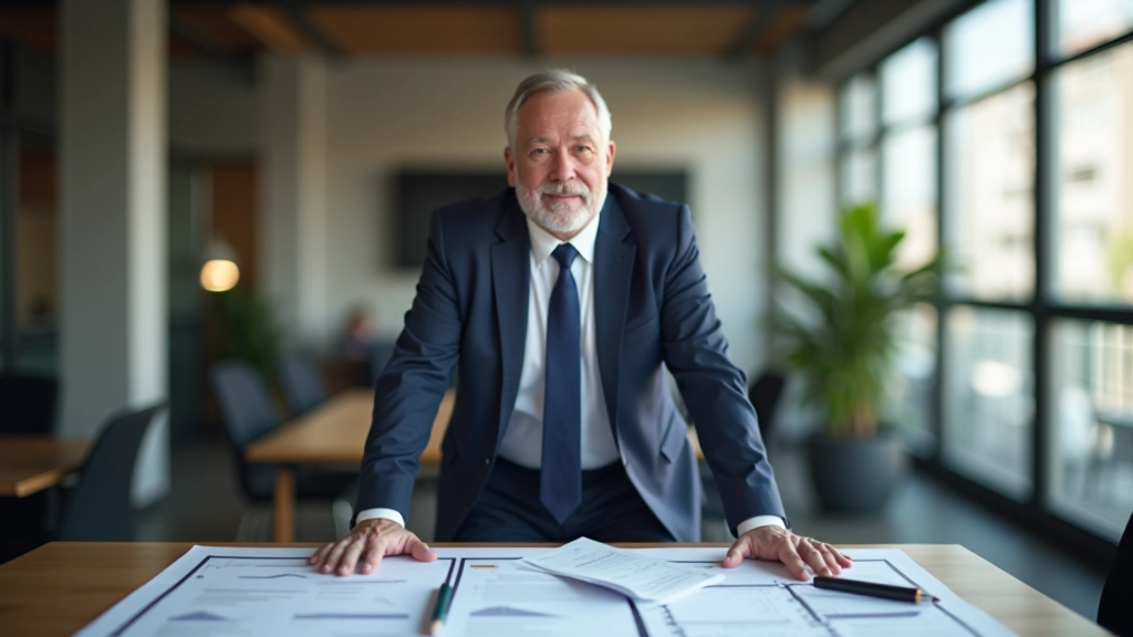 Fotografie realistického muže aged 50, fully clothed v profesionálním oděvu, stojící u velkého stolu se schématy a plány, sebevědomý výraz, moderní kancelář, přirozené osvětlení