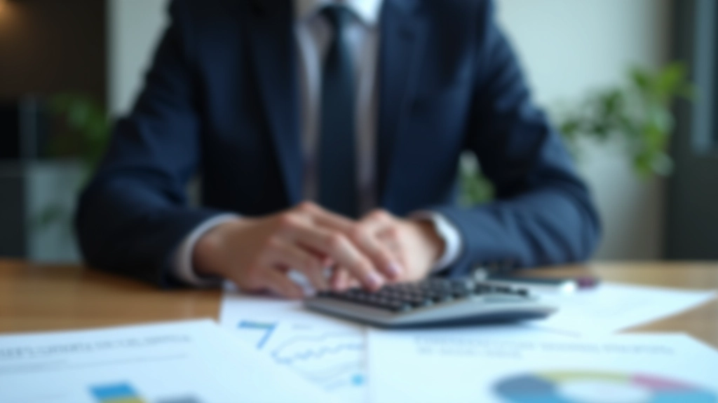 Blízká fotografie person aged 40, fully clothed in formal attire, na psacím stole s kalkulačkou a finančními grafy, měkké osvětlení, rozostřené kancelářské pozadí