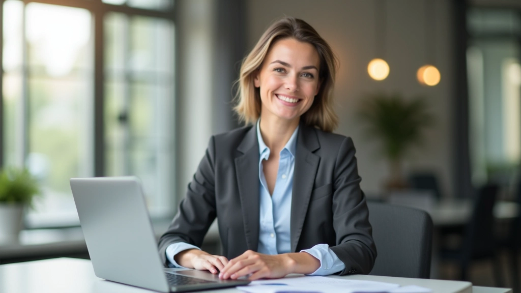 Profesionální fotografie ženy ve věku 35 let v kanceláři, sedící u stolu s počítačem a dokumenty, přátelský úsměv, přirozené osvětlení, rozostřené pozadí