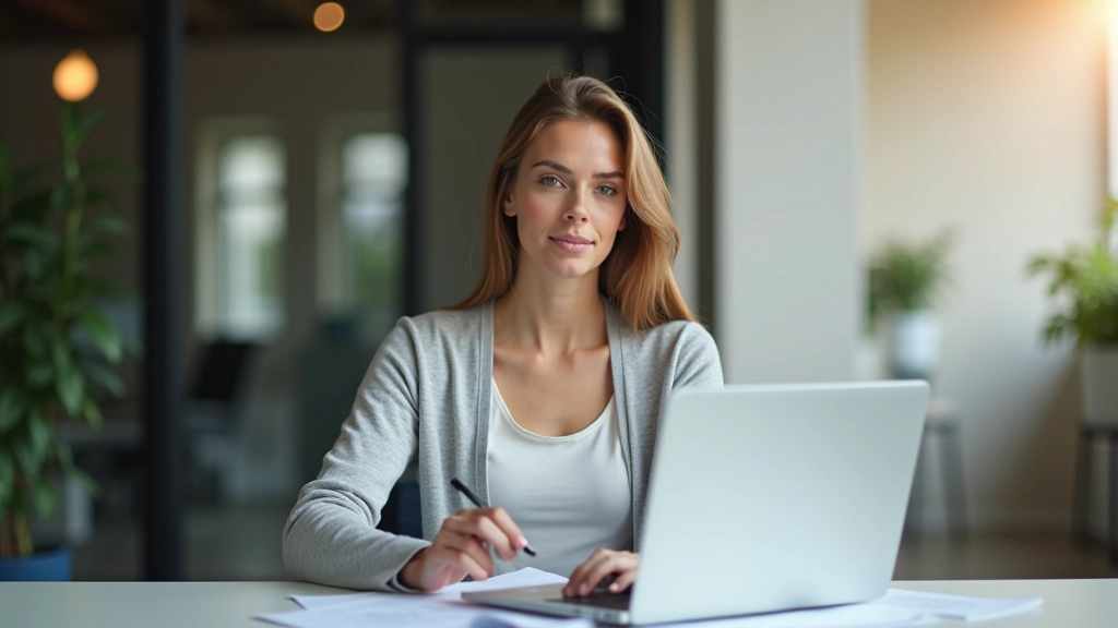Žena v kanceláři sedí s notebookem a dokumenty, kontroluje pojistné smlouvy